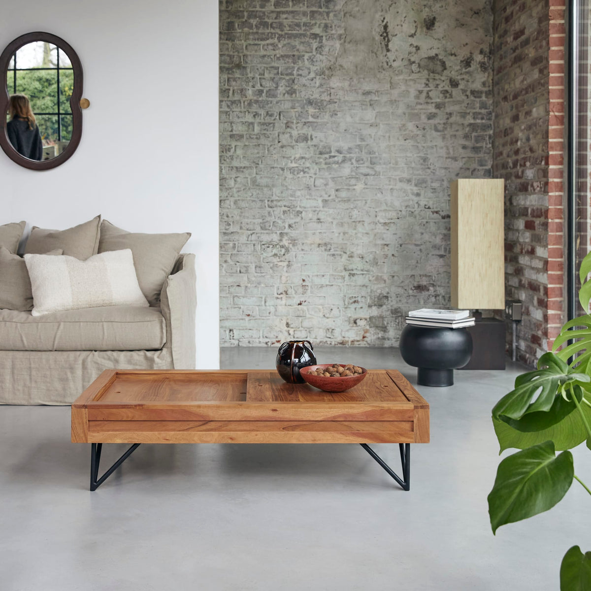 Bonnie solid acacia coffee table with sliding-top storage, front view