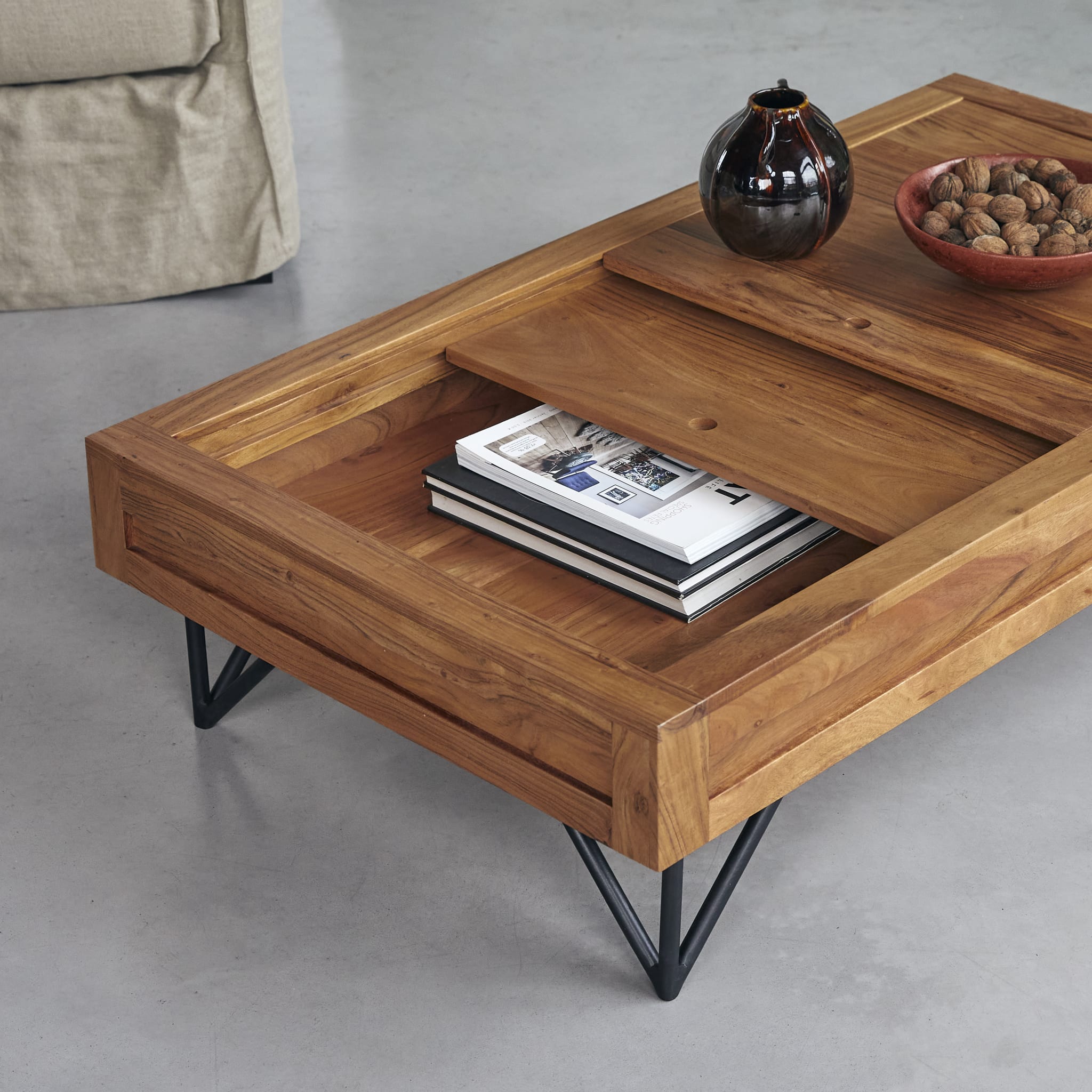 Bonnie acacia coffee table, sliding top open showing hidden storage box