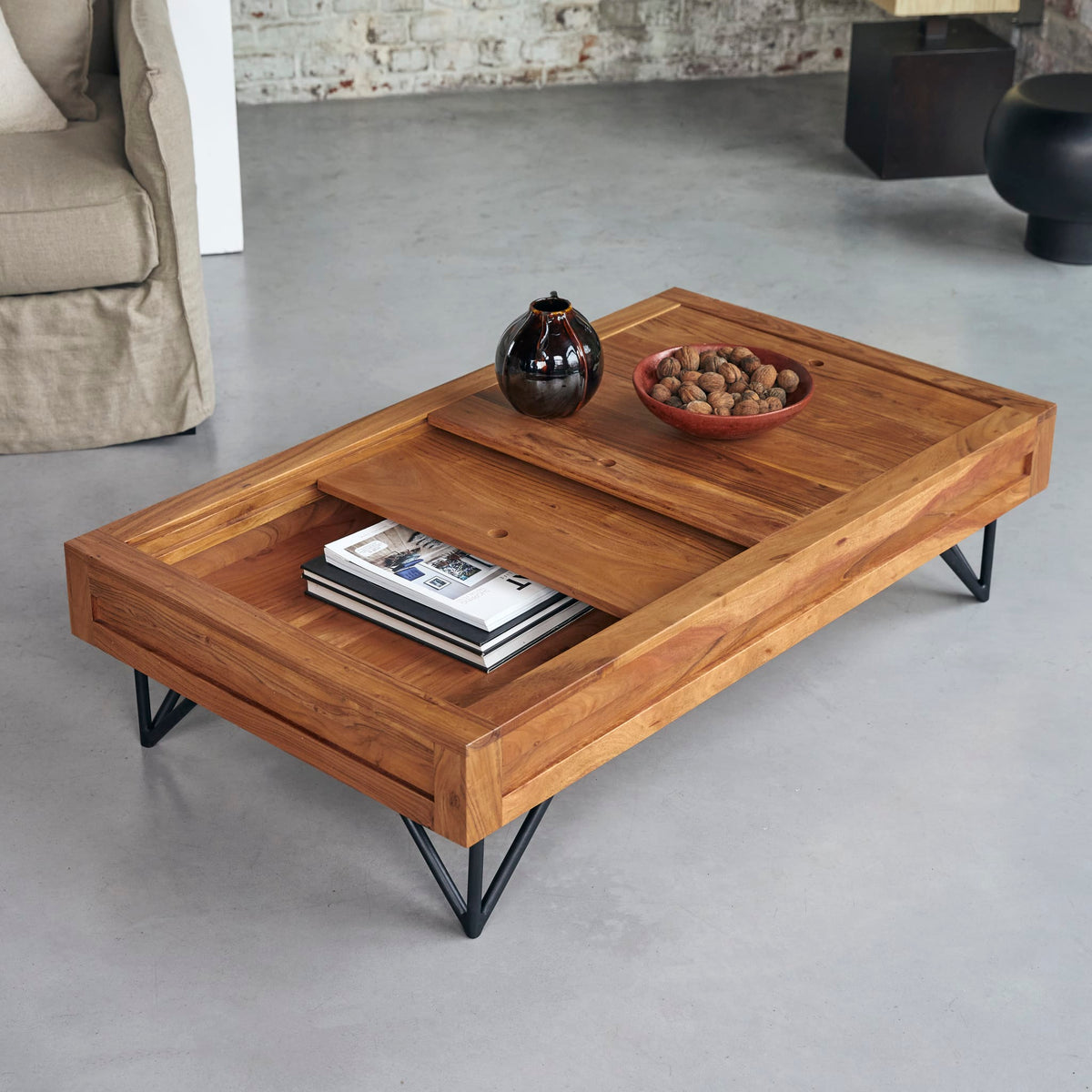 Bonnie acacia coffee table, sliding top partially open