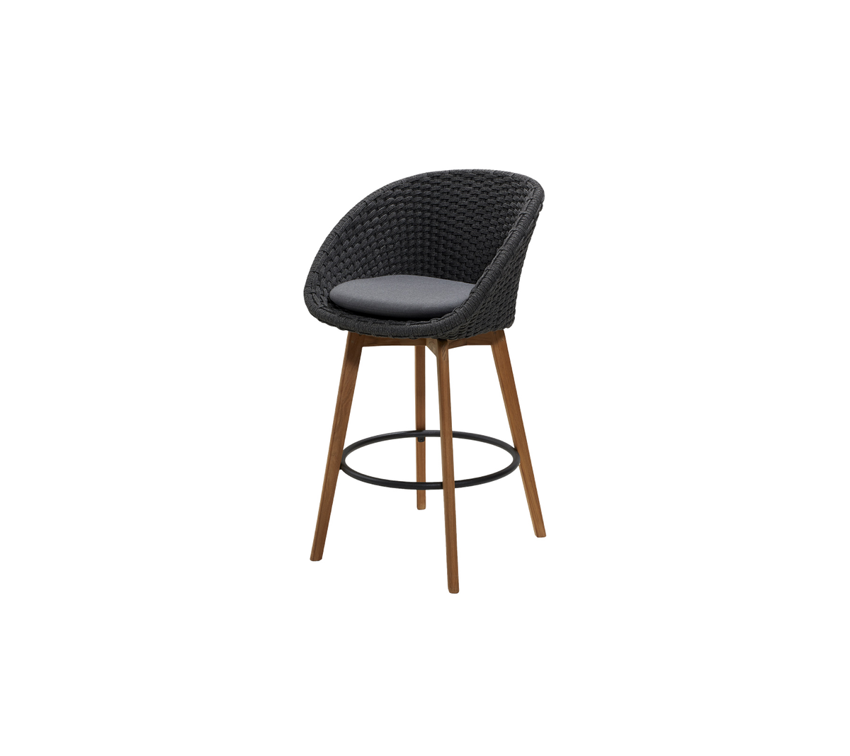 Cane-line Peacock Bar Chair in Dark Grey Soft Rope with teak legs, shown with the Grey Natté cushion sold separately