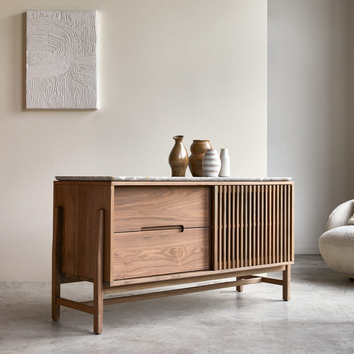 Tikamoon Isaure walnut and terrazzo sideboard, front view