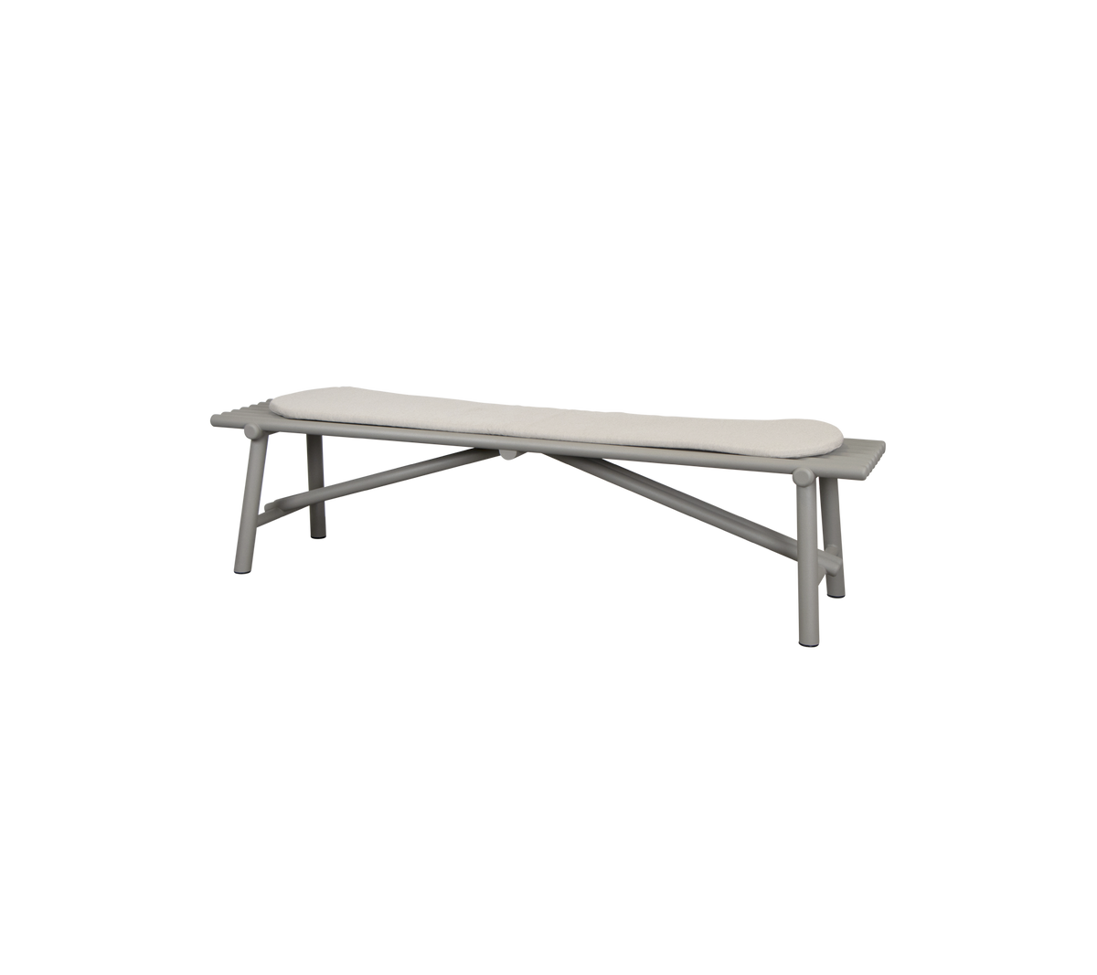 Cane-line Sticks Bench in Taupe aluminum, shown with the Sand Natté bench cushion sold separately