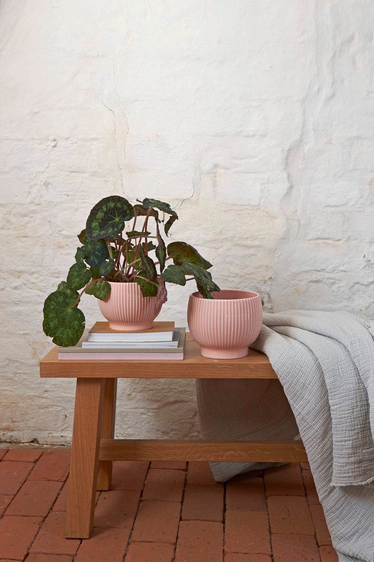 Knabstrup Ripple Flowerpot in rose, styled in an interior setting, glazed earthenware