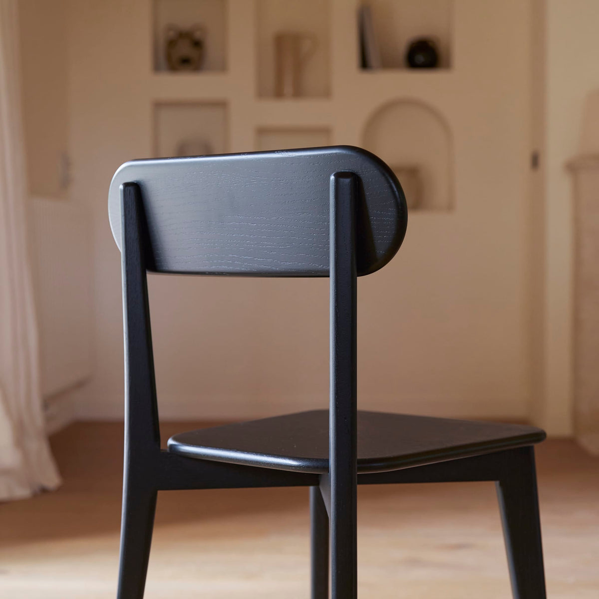 Tikamoon Abel black oak dining chair, rear view of the backrest