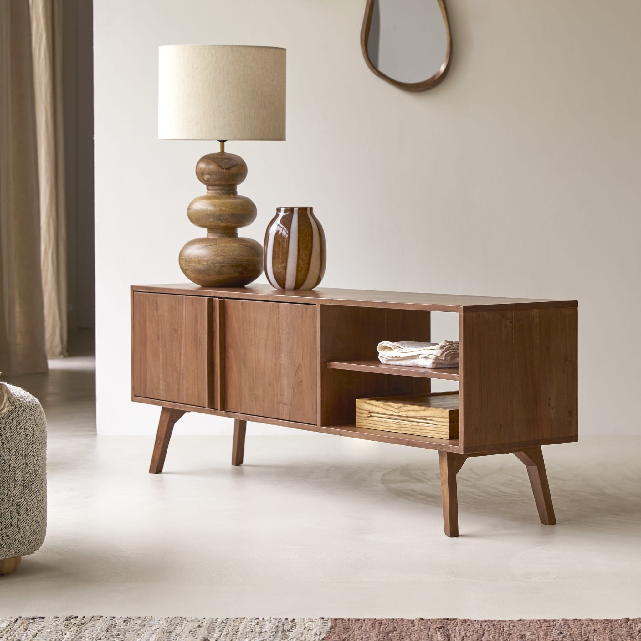 Tikamoon Niels TV stand in solid acacia wood, side view