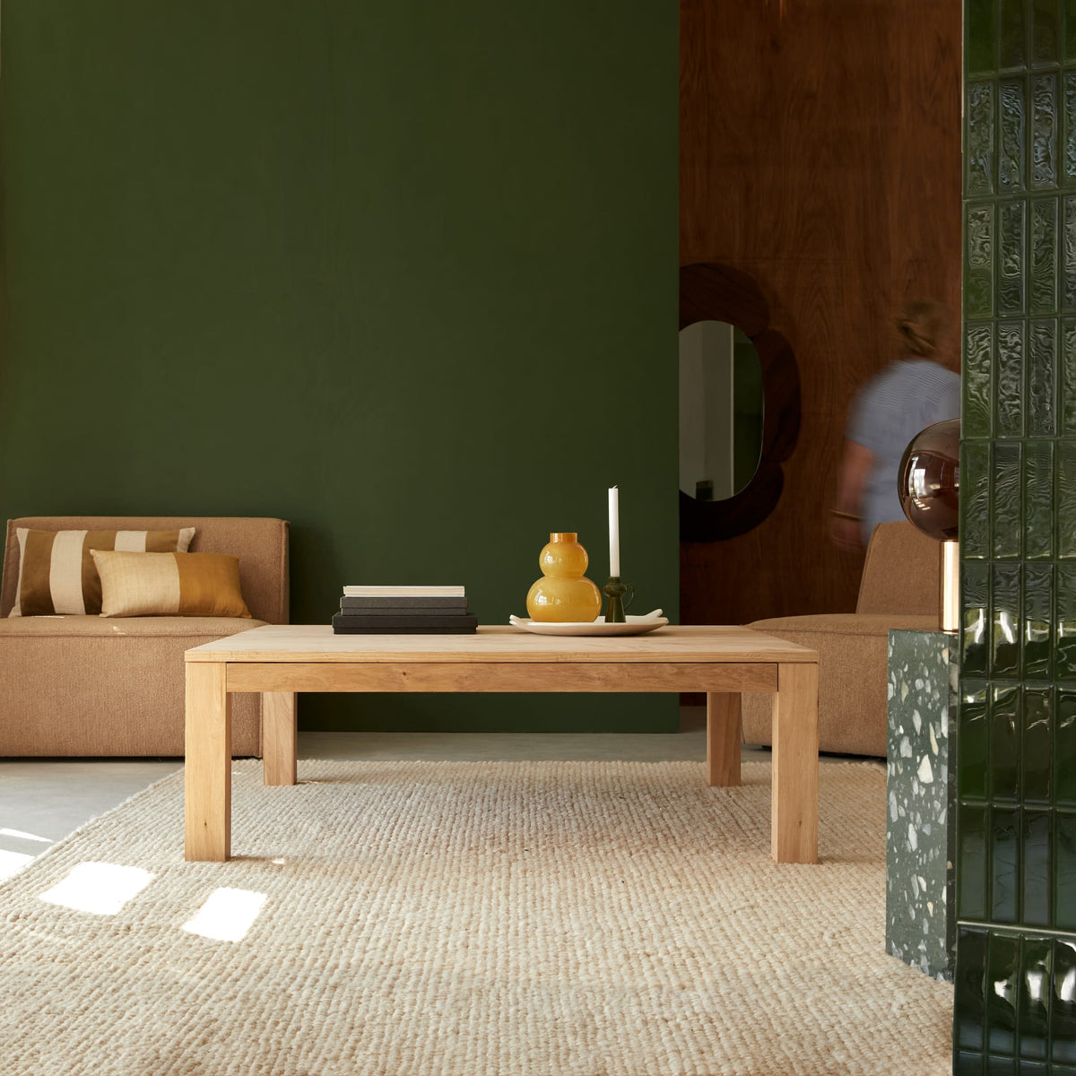 Tikamoon Eden square coffee table in solid oak, angled view