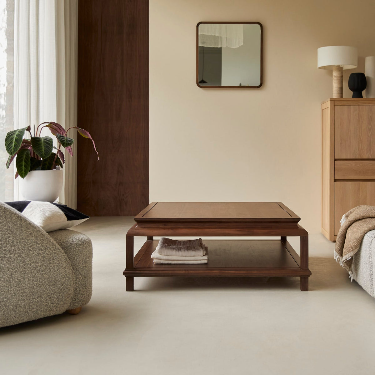 Achille square solid acacia coffee table, front view