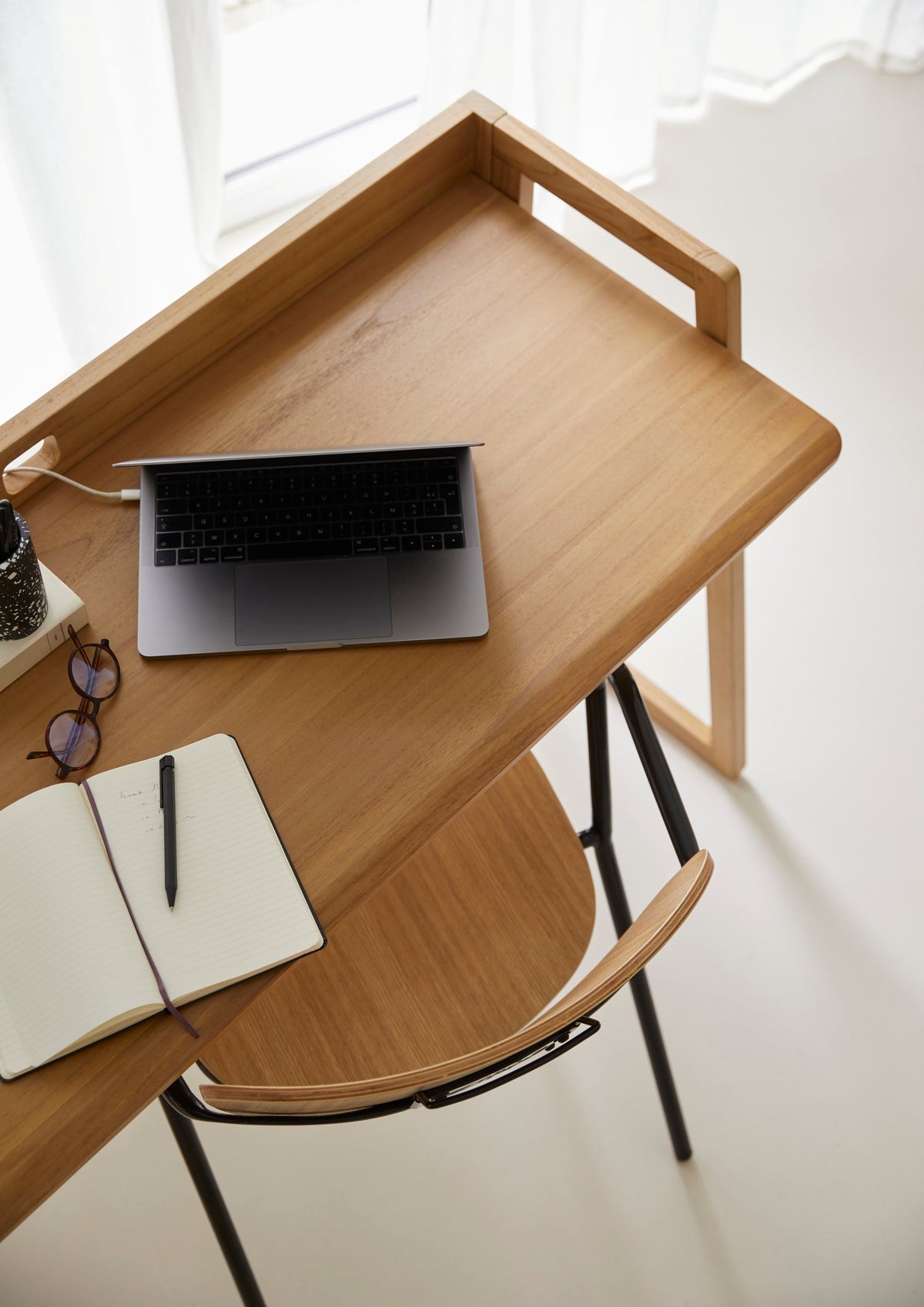 Tikamoon Philip desk in solid teak, diagonal view