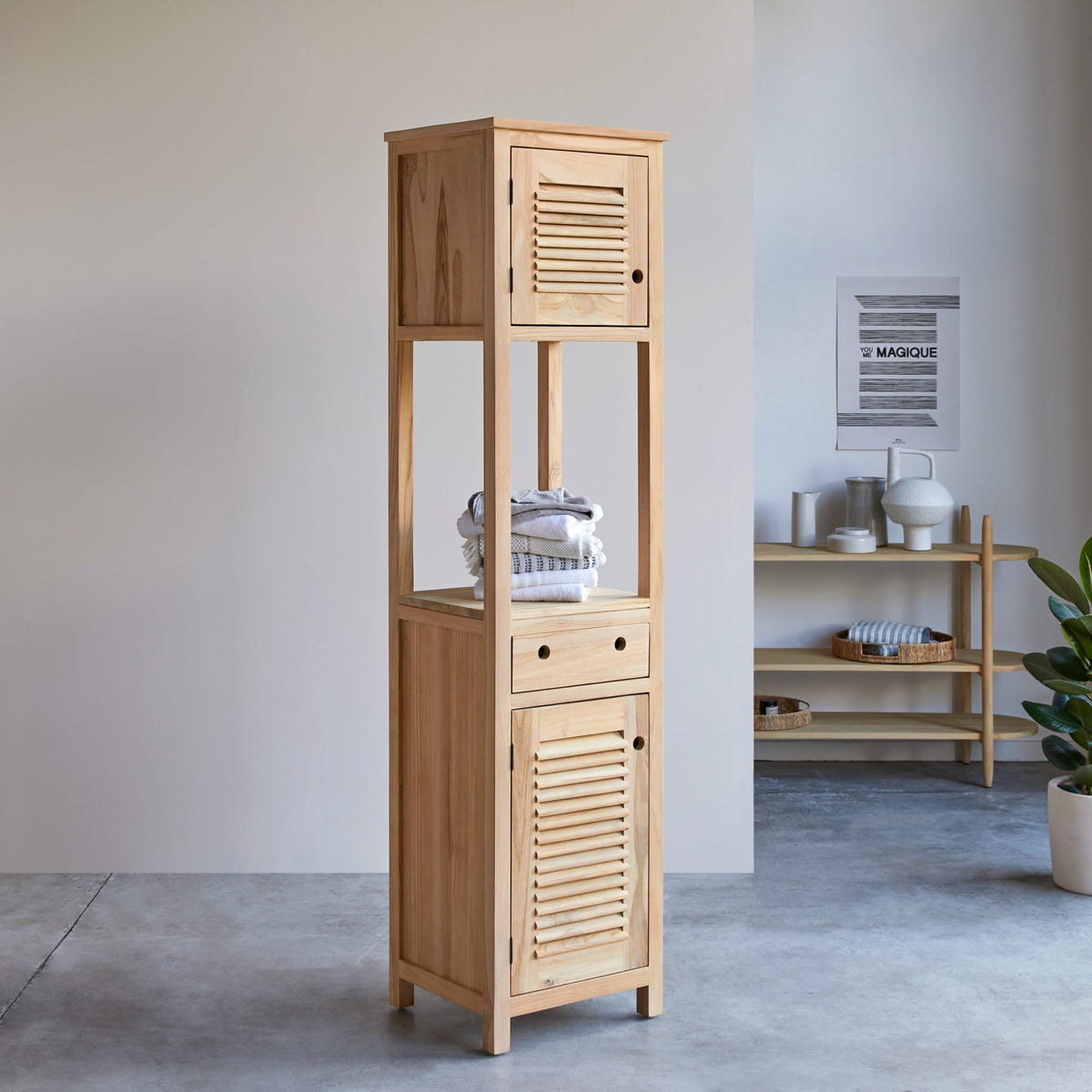 Coline teak bathroom cabinet, open cabinet and drawer view