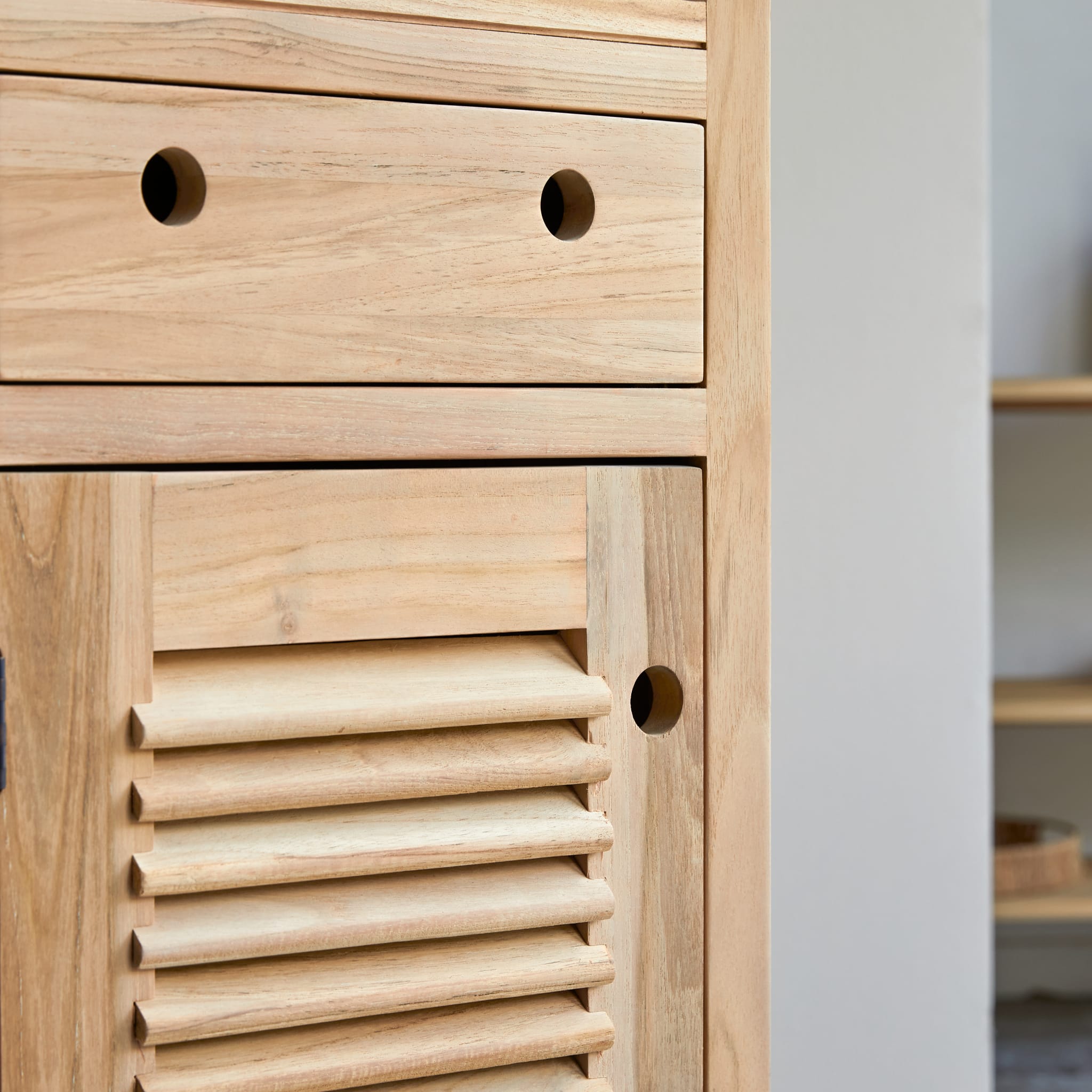 Coline teak bathroom cabinet, side view
