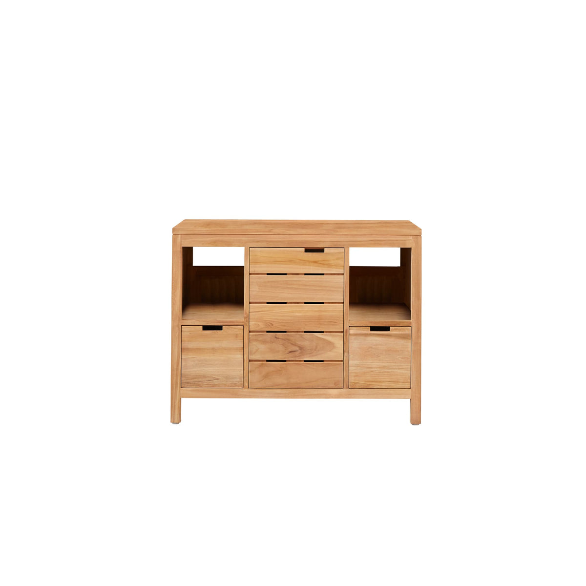 Tikamoon Serena solid teak vanity cabinet in a styled bathroom setting
