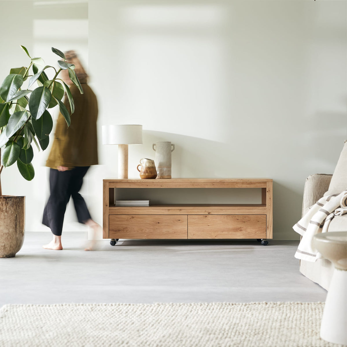 Tikamoon Anoa TV stand in solid oak, angled view