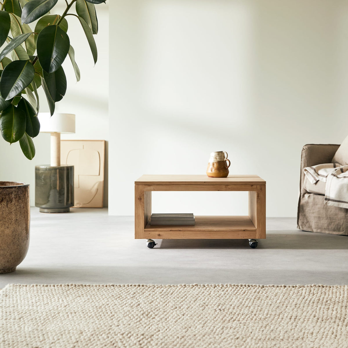 Tikamoon Anoa square coffee table in solid oak, angled view