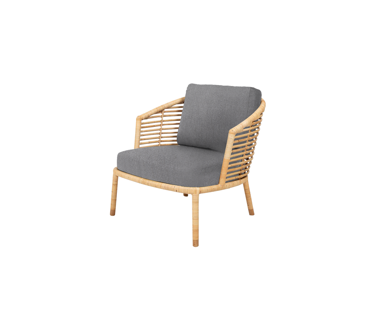 Cane-line Sense Lounge Chair frame in natural rattan, shown with a light grey cushion set sold separately