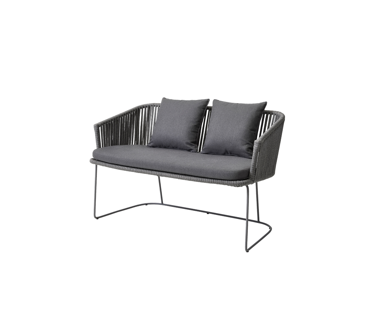 Cane-line Moments Bench in Grey Soft Rope, shown with Grey Natté cushions sold separately, open-weave polypropylene
