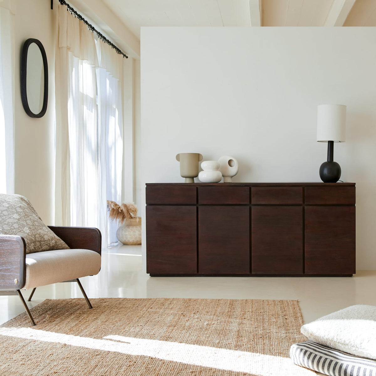 Tikamoon Eva sideboard in solid mahogany, angled view