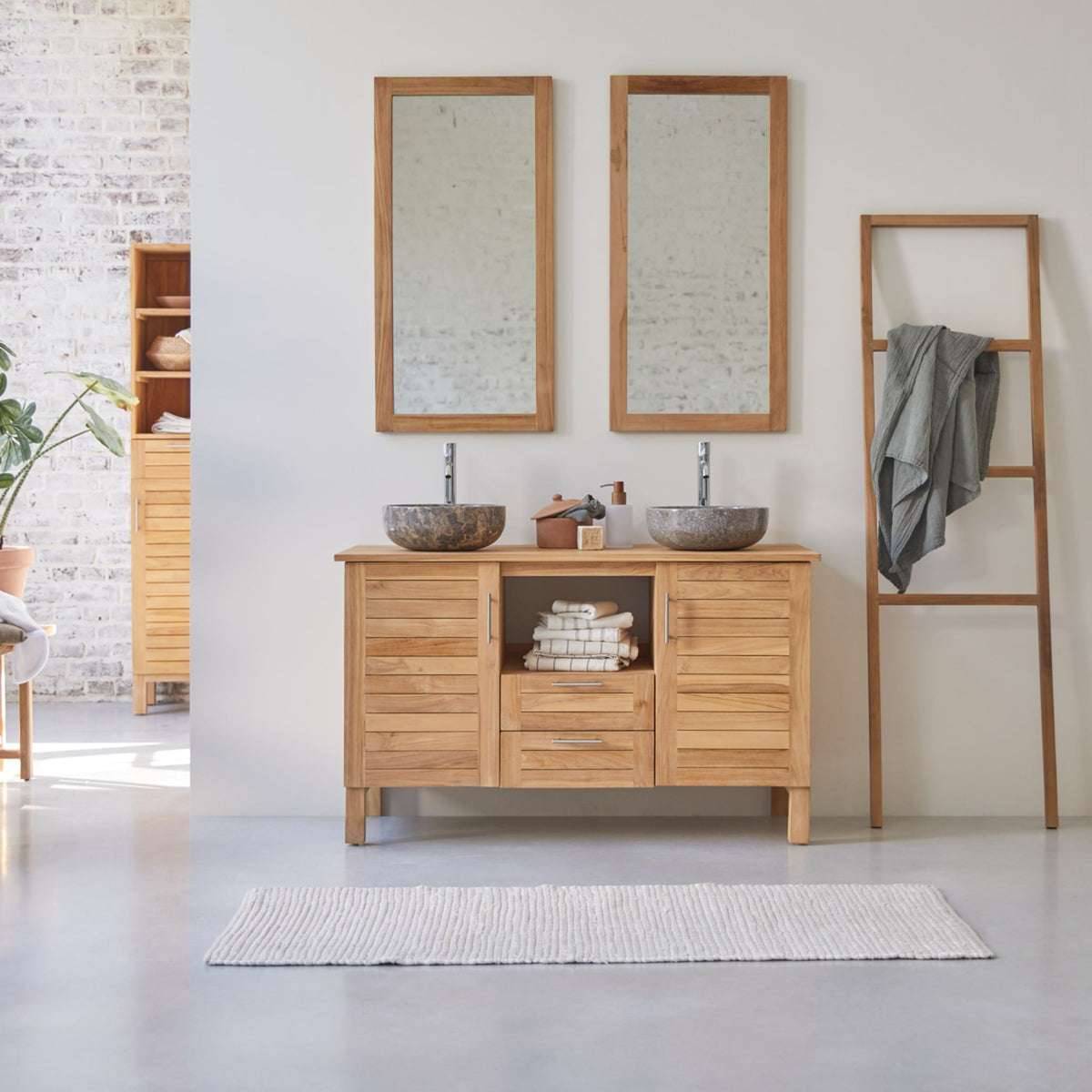 Tikamoon Soho double vanity cabinet in solid teak, angled view