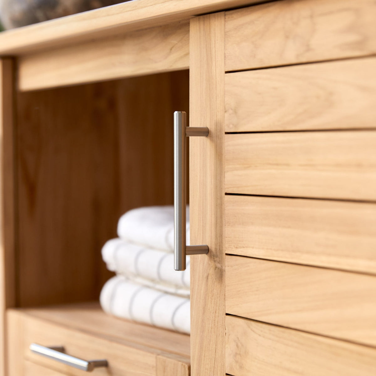 Tikamoon Soho teak double vanity cabinet, three-quarter view
