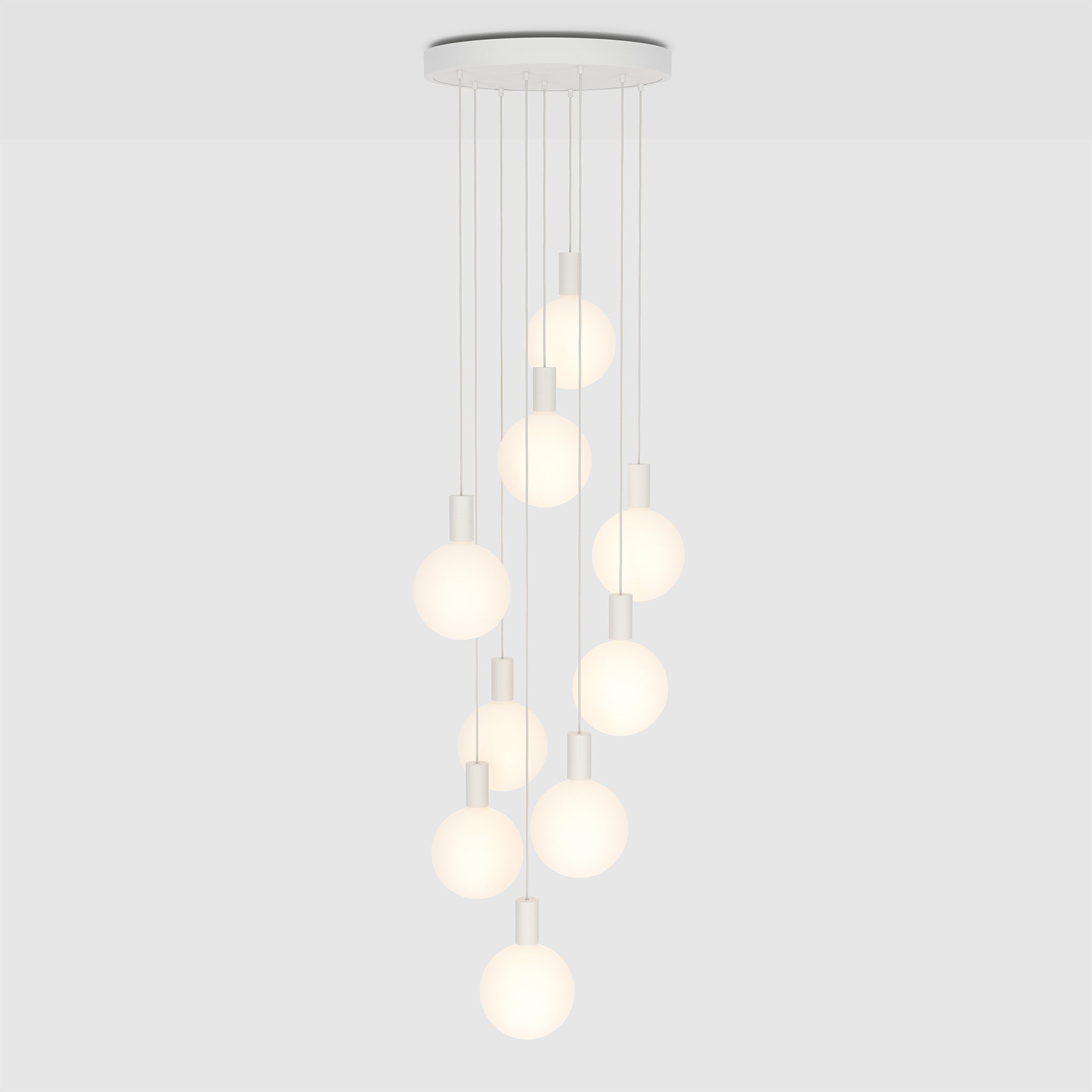 Tala Alumina Nine Pendant with Sphere V bulbs in Chalk, front view