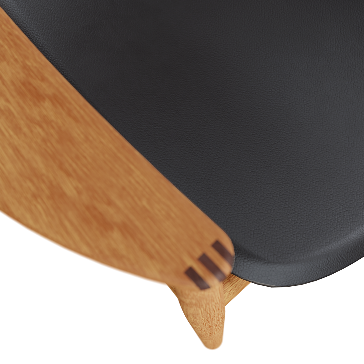 Detail of Bent Hansen Asger Lounge Chair showing the black leather seat and oak armrest