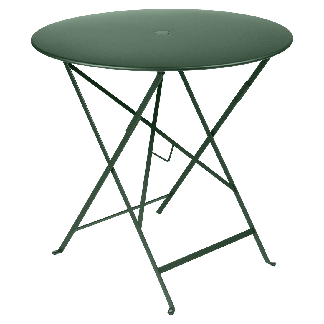 Fermob Bistro Round Folding Table in Cedar Green powder-coated steel, the 1889 Parisian cafe archetype
