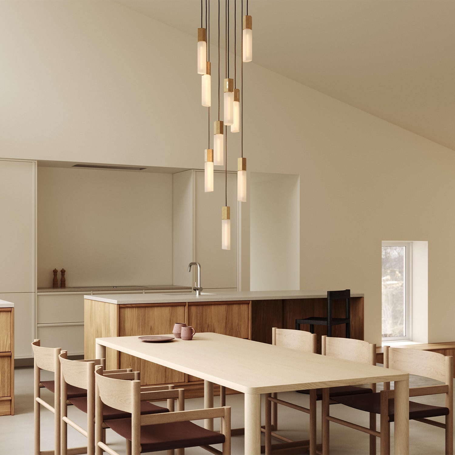 Basalt Nine Pendant by Tala in Brass, angled view of the hexagonal pendant cluster