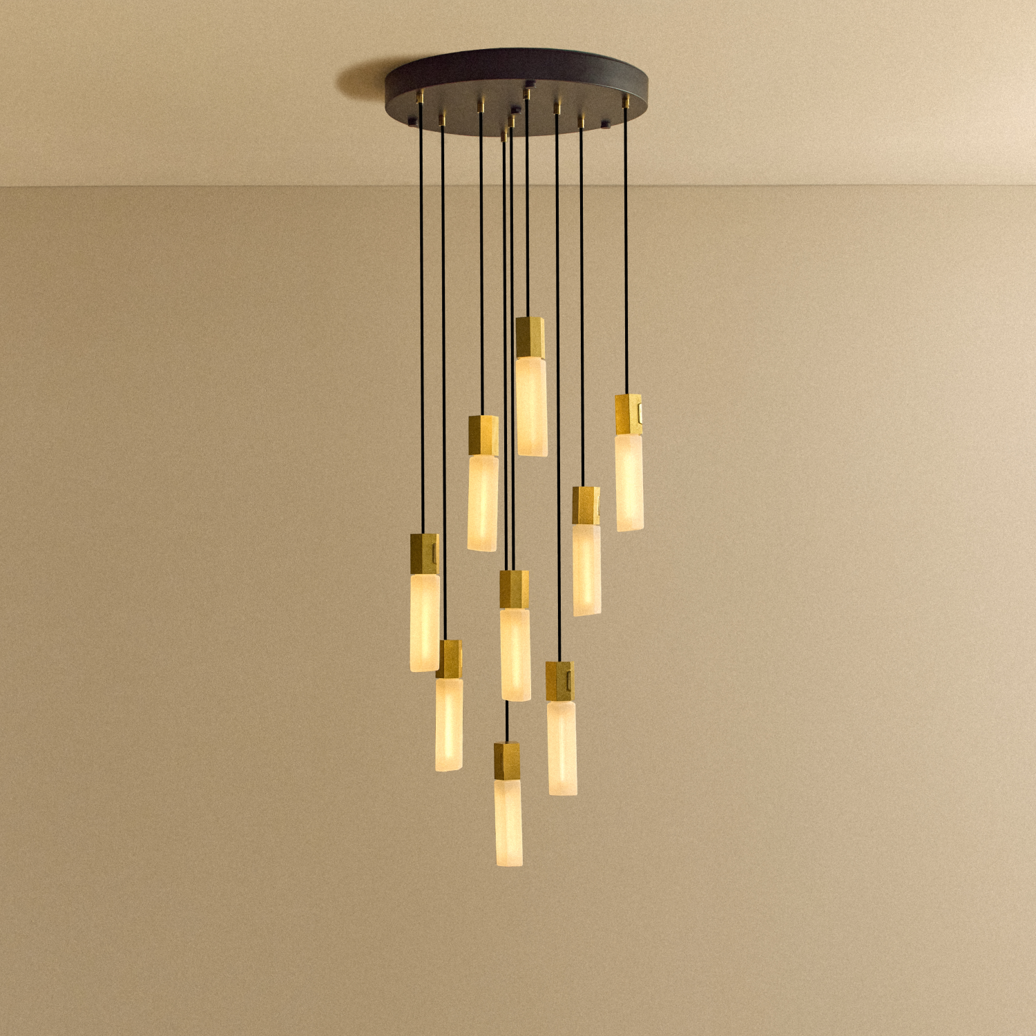 Basalt Nine Pendant by Tala in cast Brass, front view of the nine-light hexagonal fixture