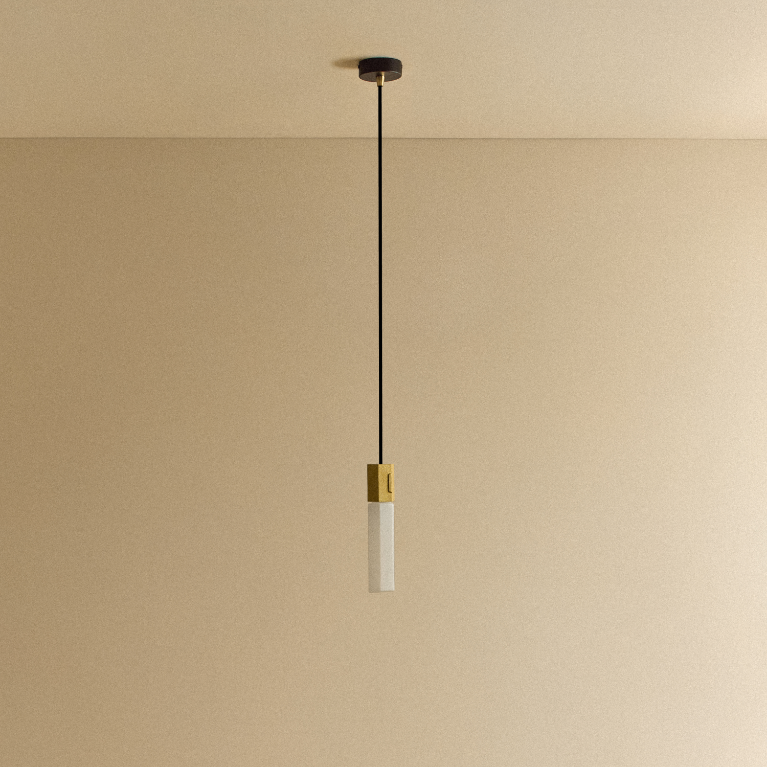 Basalt Single Pendant by Tala in Brass, scale reference view of the hanging pendant