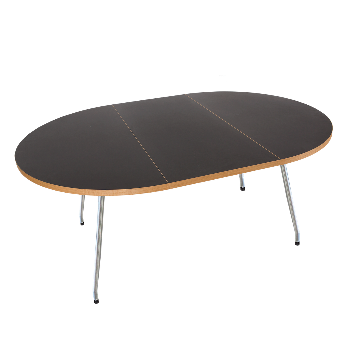 Bent Hansen Primum Table in black linoleum with brushed stainless steel legs, extended with two linoleum leaves