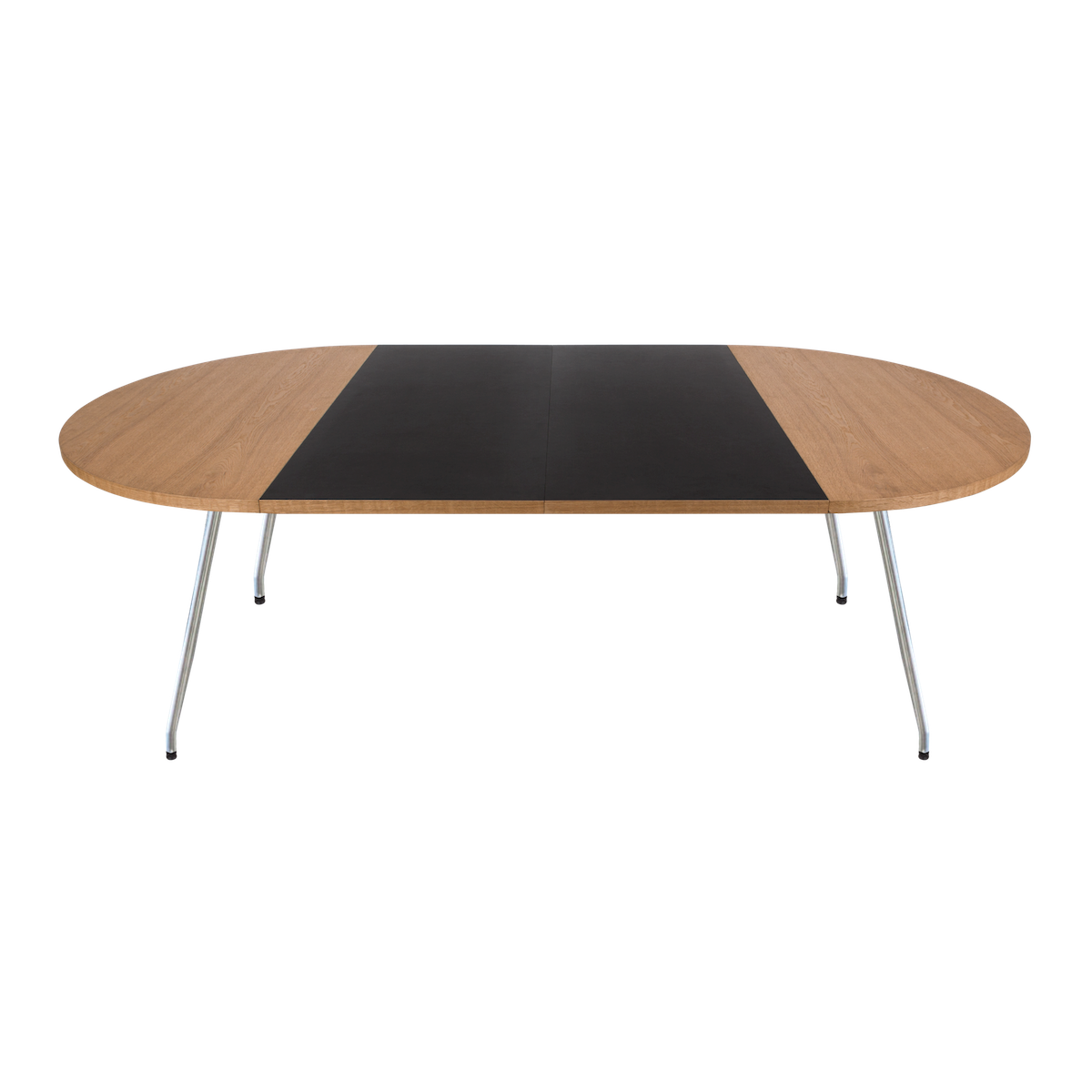Bent Hansen Primum Table in oak veneer with brushed stainless steel legs, extended with two linoleum leaves