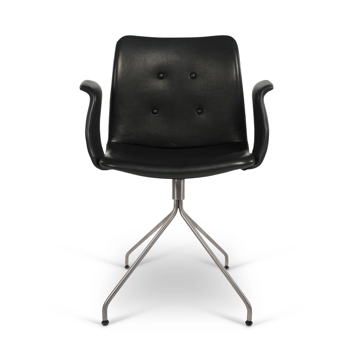 Bent Hansen Primum Swivel Dining Chair with Arms in black leather, stainless steel base, stainless steel and leather