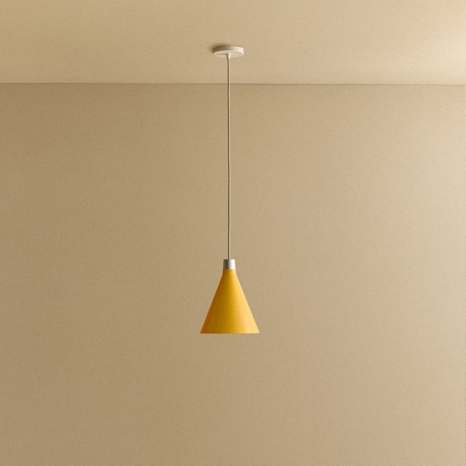 Tala Bower pendant light, small, Yellow anodised aluminium shade + Sphere III — front view