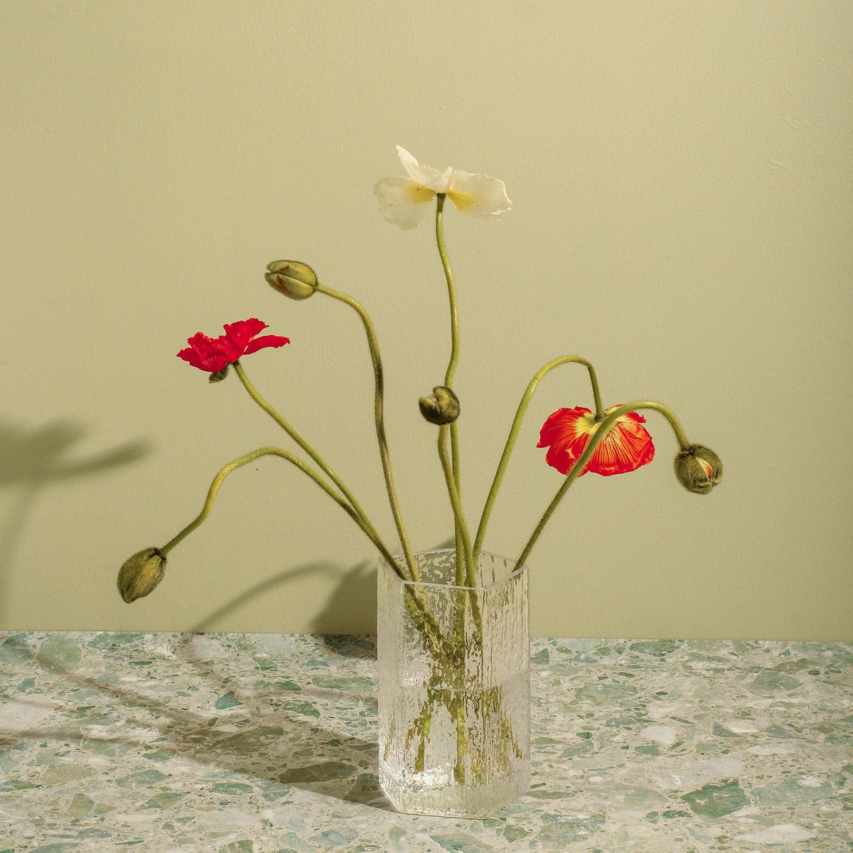 Case Causeway Vase Small in Clear, styled with flowers on a stone surface, blown glass