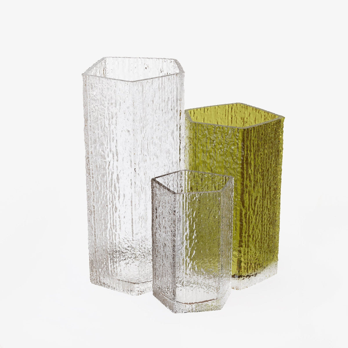 Case Causeway Vase in Clear and Olive, all three sizes grouped, blown glass