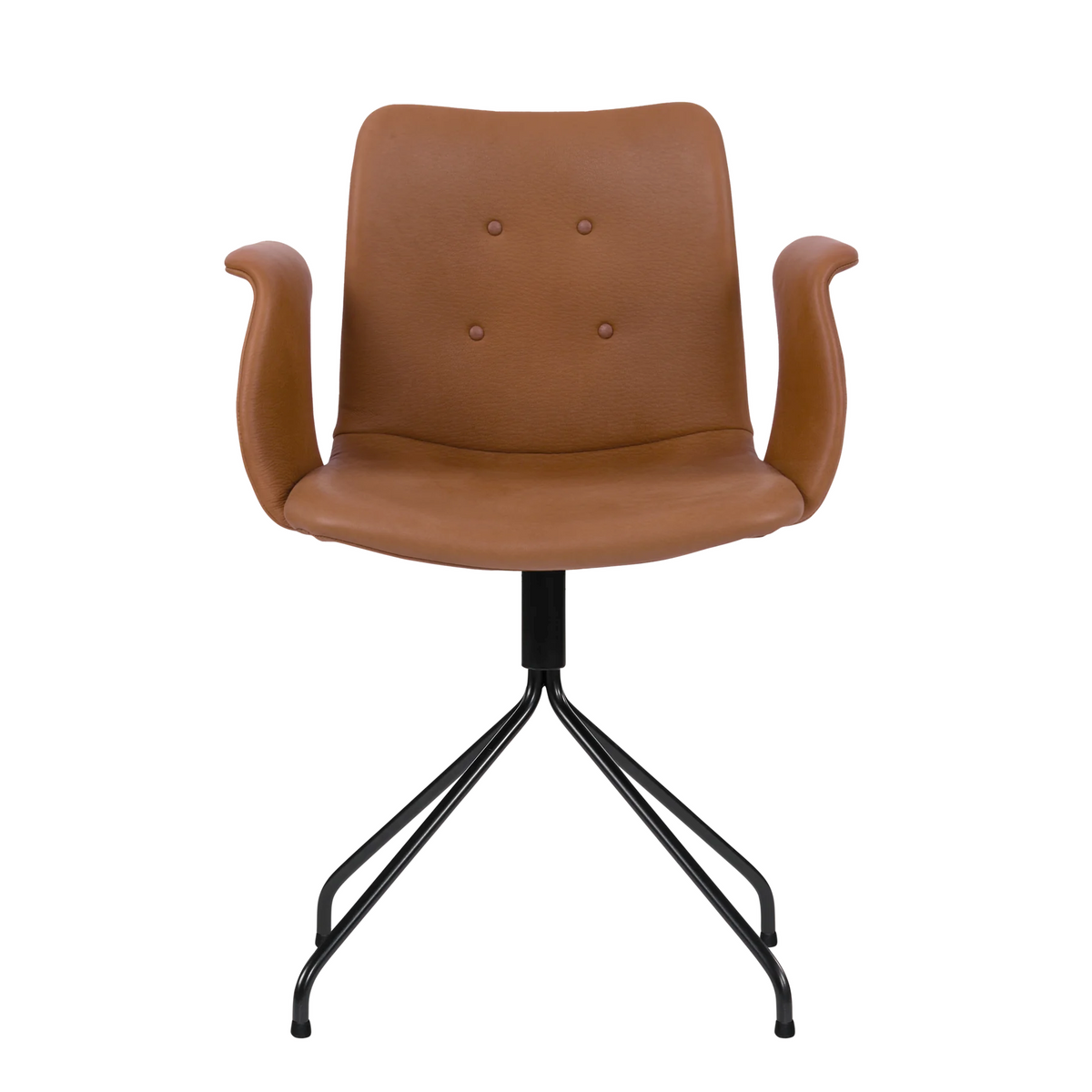Bent Hansen Primum Swivel Dining Chair with Arms in cognac leather, black steel base, steel and leather