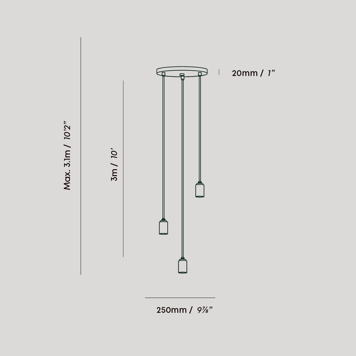 Tala Triple Pendant — dimension drawing (Graphite/Brass)
