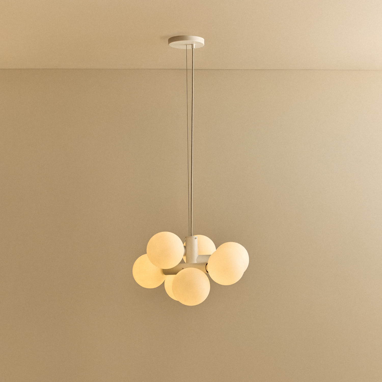 Echo Chandelier by Tala, front view of five white porcelain globes on a steel frame