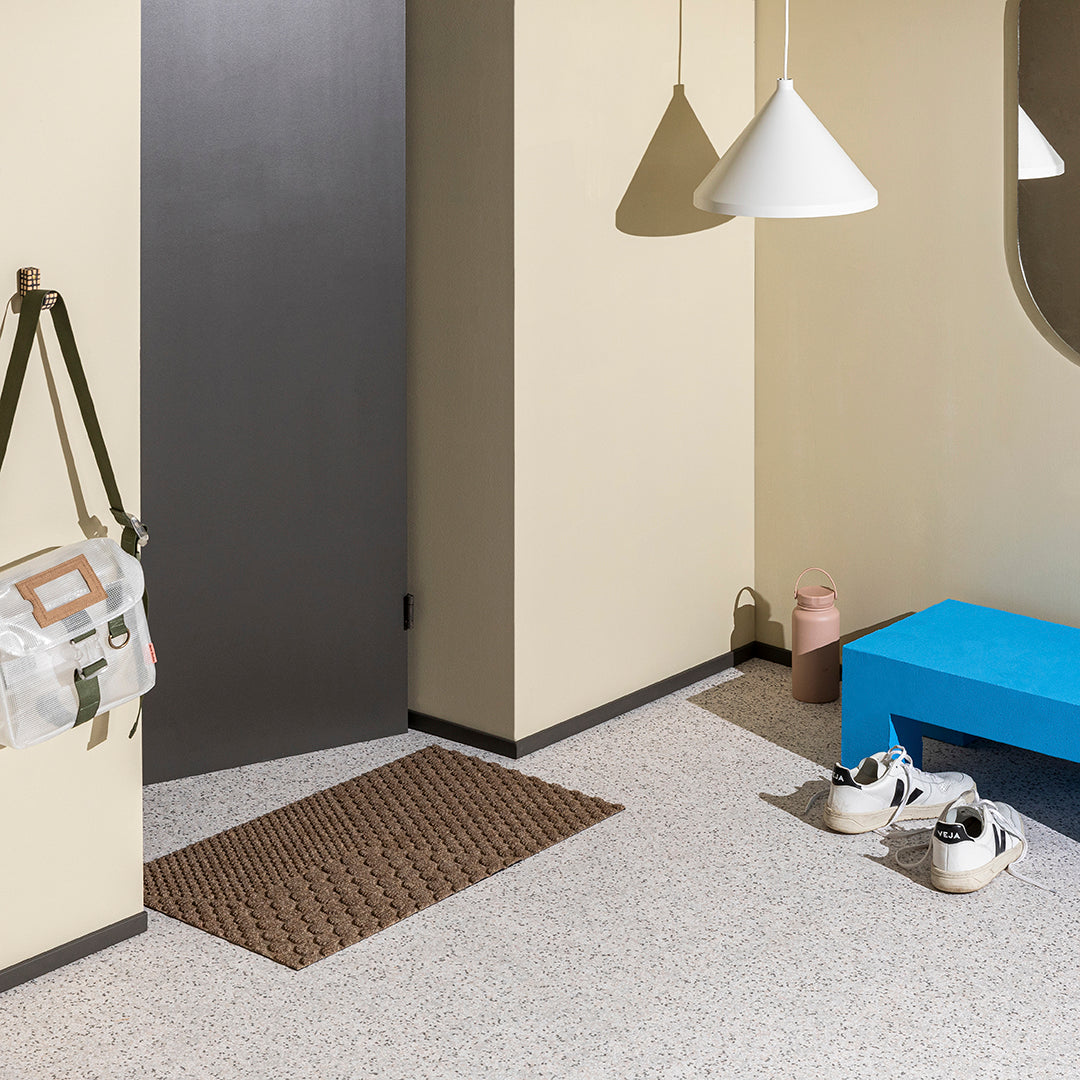 Heymat Hex All Weather Doormat in Desert Beige, recycled PET yarn doormat, Norwegian sustainable design