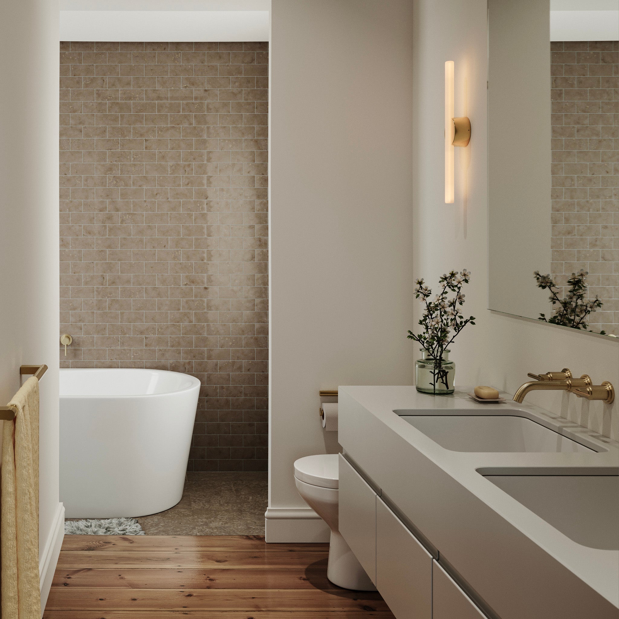 Kilter 1.0 Wall Light in Solid Brass, small size, bathroom lifestyle