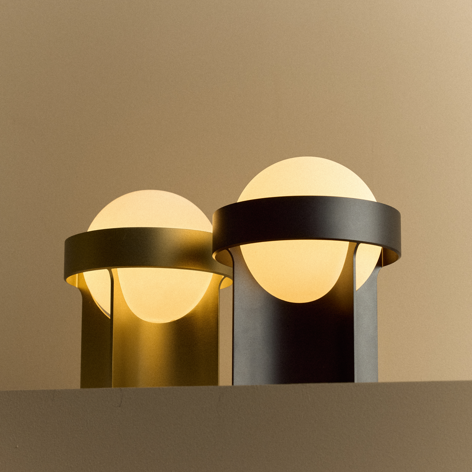 Loop Table Lamp group shot, Gold and Dark Grey