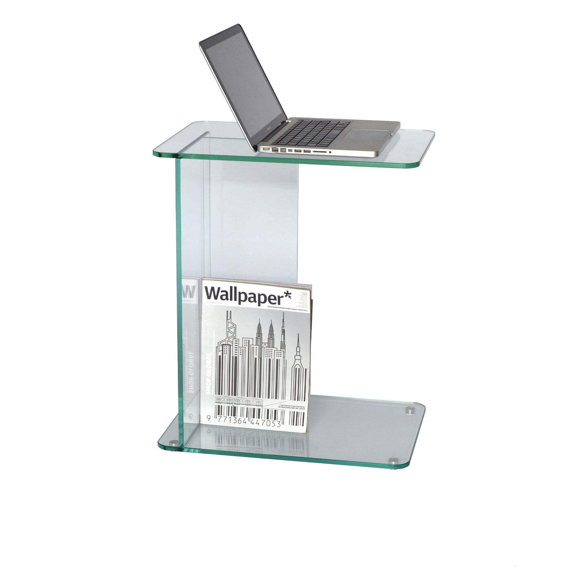 Lucent Laptop Table in Clear glass with laptop in use