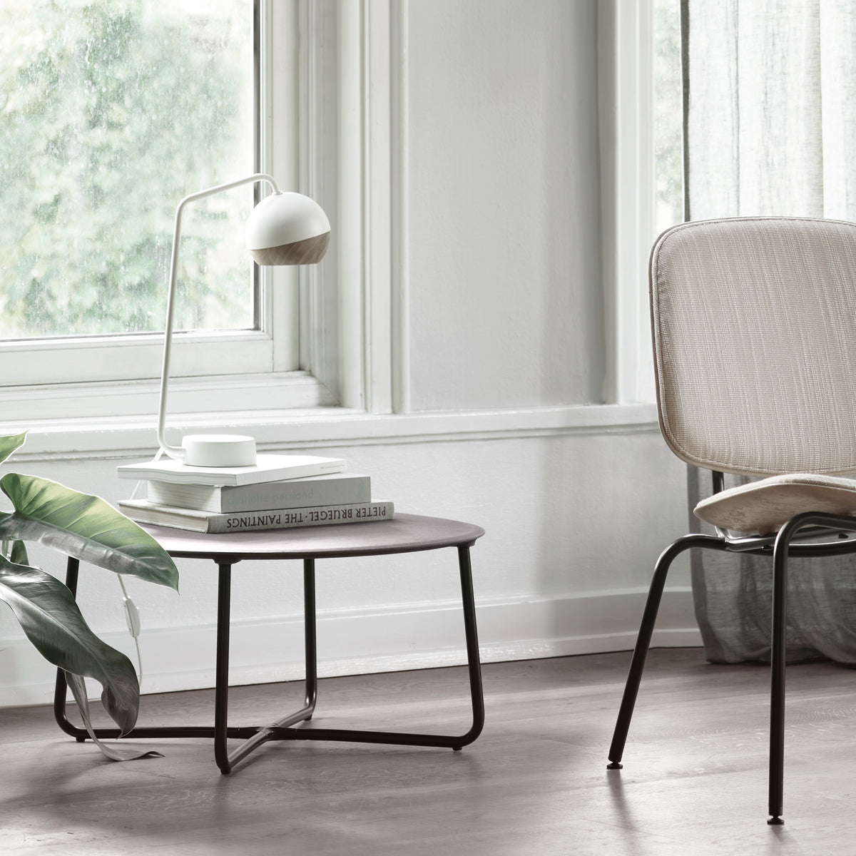 Mater Lily Lounge Table styled with a Compound lounge chair and Ray table lamp, Matek recycled composite