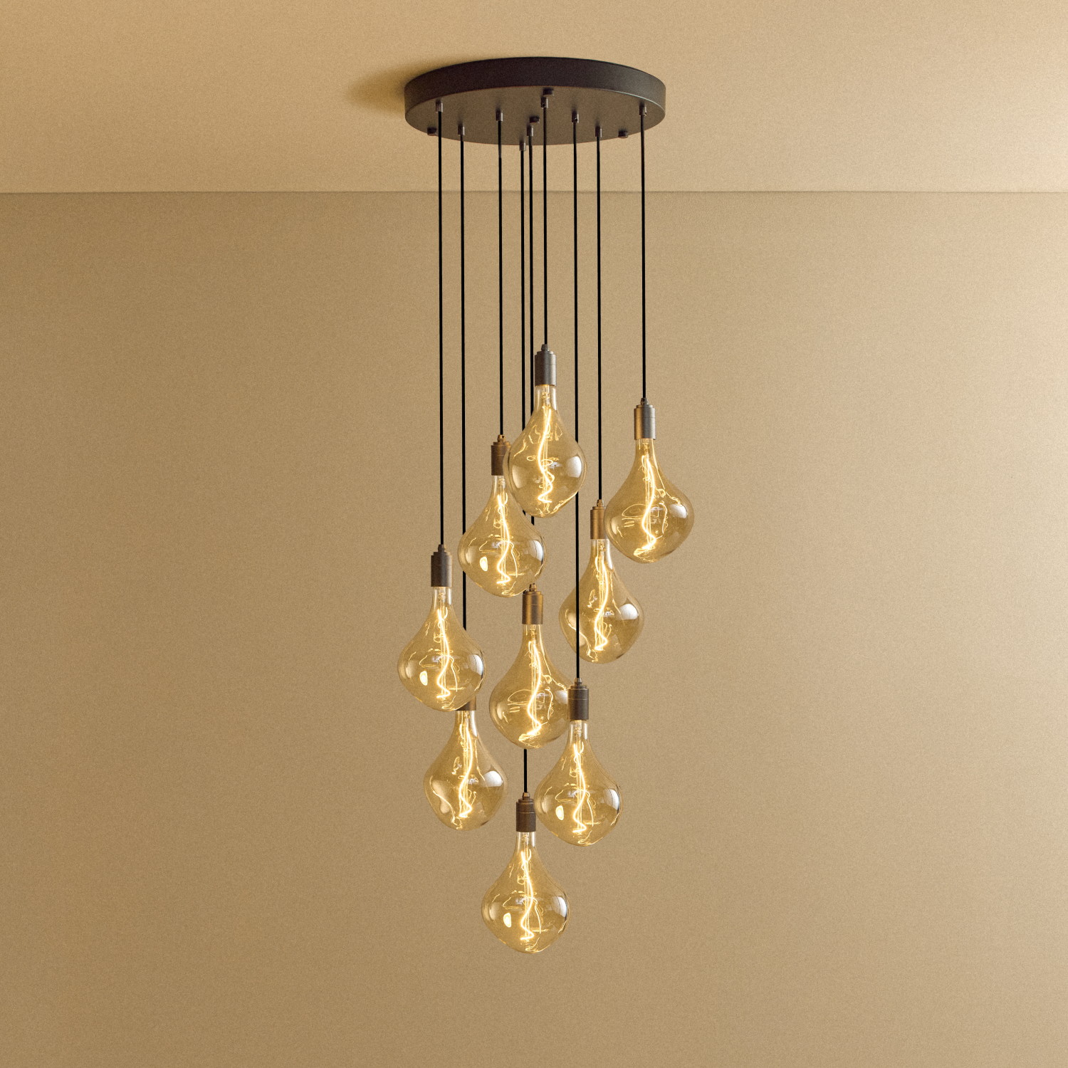 Tala Nine Pendant in Graphite with Voronoi II bulbs, lit