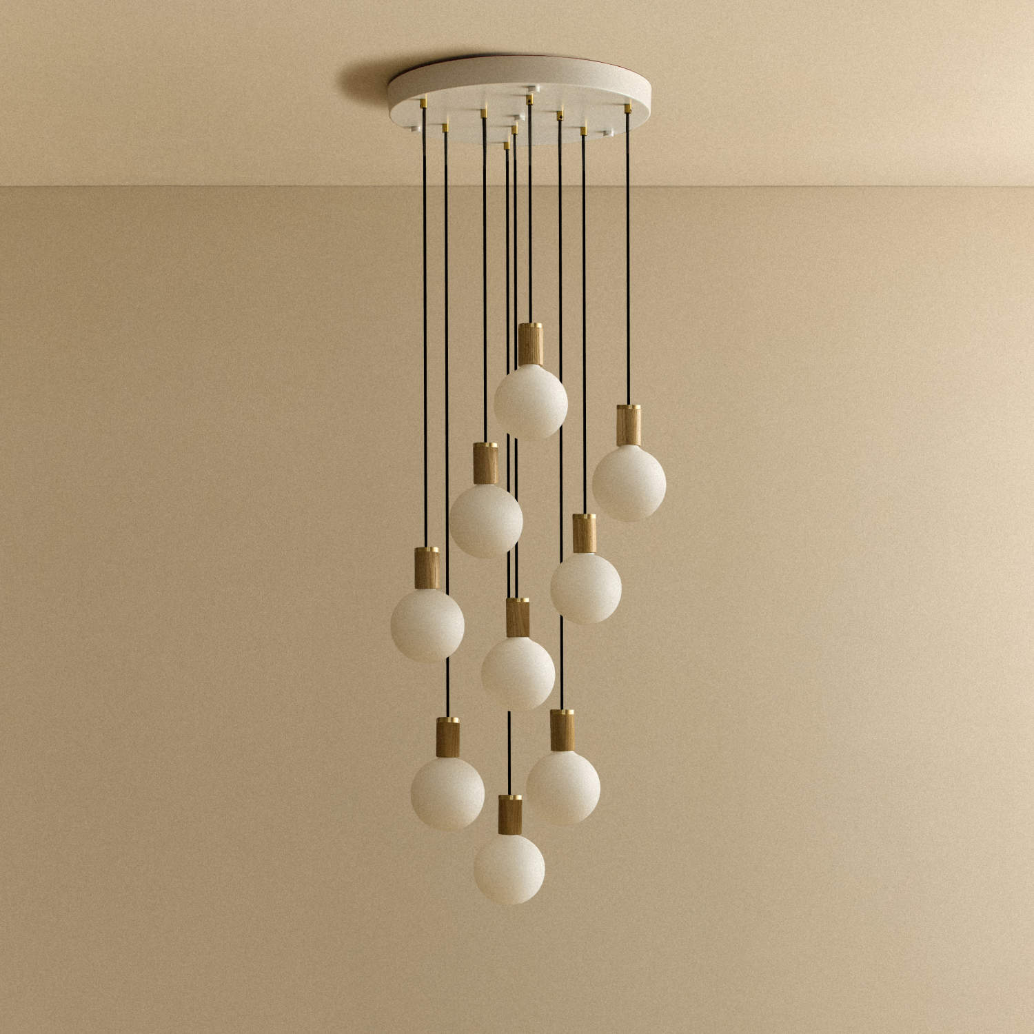 Tala Nine Pendant in Oak with Sphere IV bulbs, unlit
