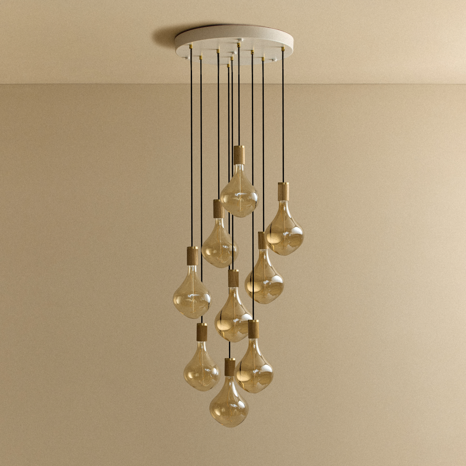 Tala Nine Pendant in Oak with Voronoi II bulbs, unlit