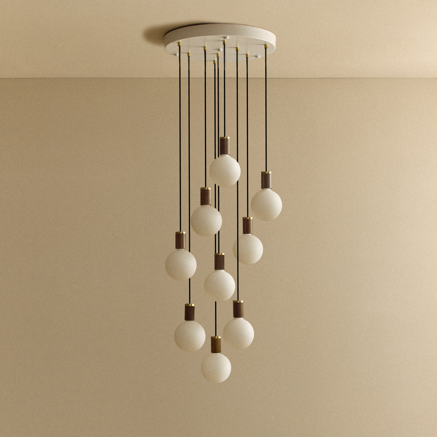 Tala Nine Pendant in Walnut with Sphere IV bulbs, unlit