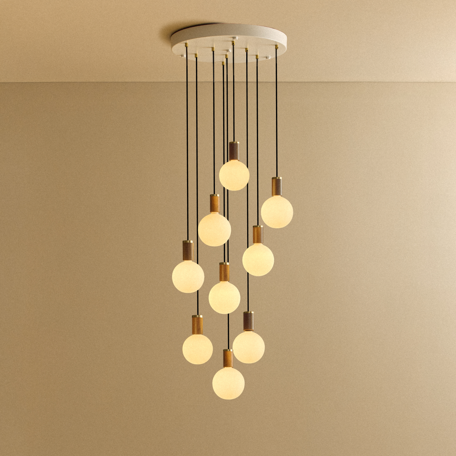 Tala Nine Pendant in Walnut with Sphere IV bulbs, lit