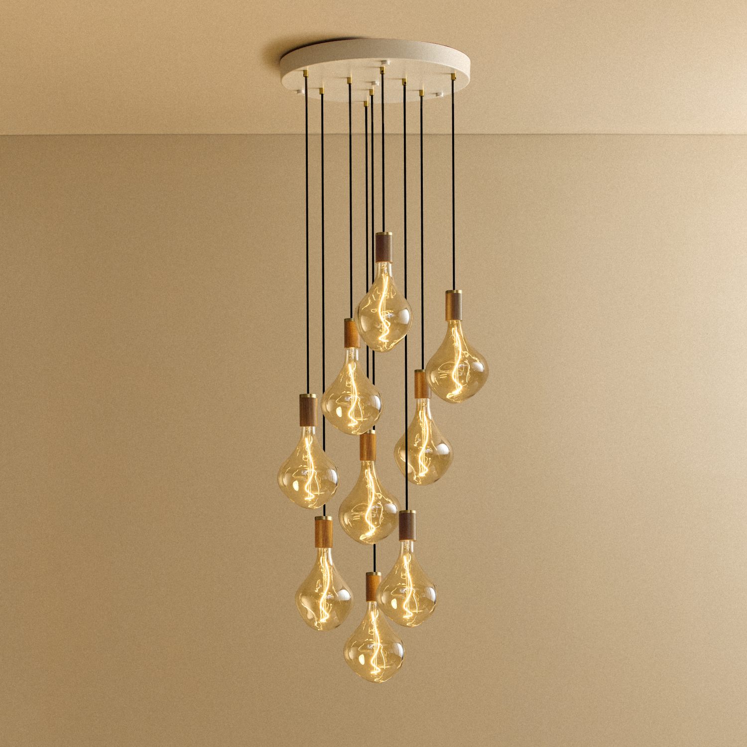 Tala Nine Pendant in Walnut with Voronoi II bulbs, lit