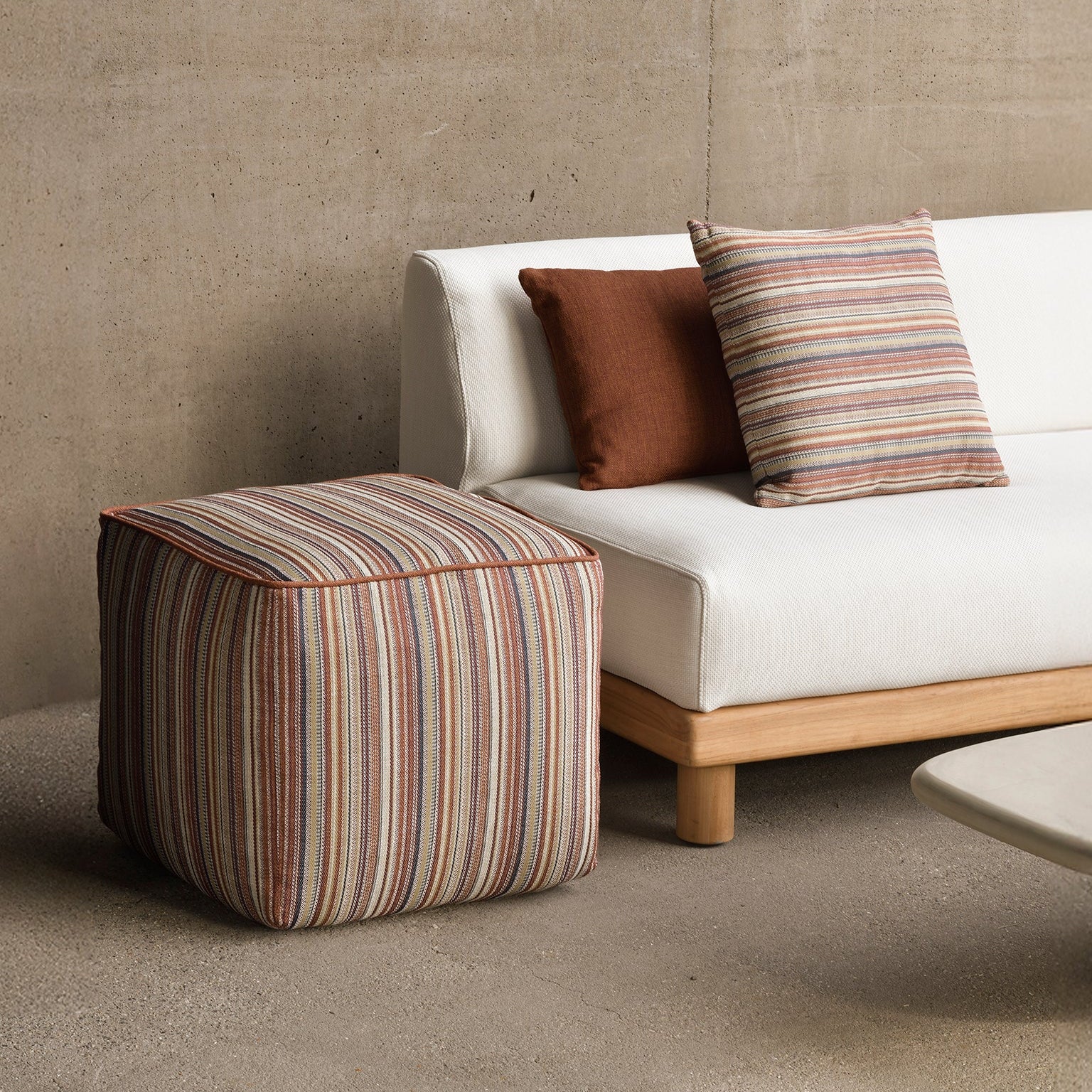 Ethnicraft Zahara Outdoor Pouf with FSC-certified solid wood frame, Belgian design