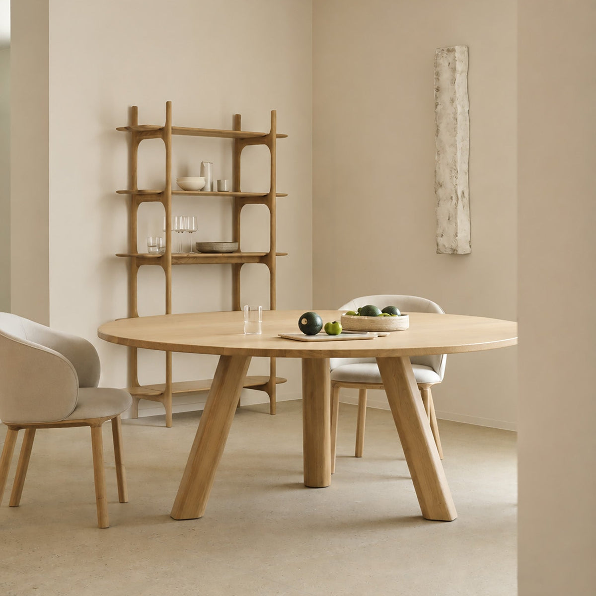 Ethnicraft Unda Dining Table in Oak, styled in an interior setting, solid oak